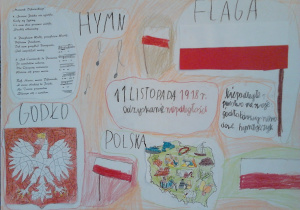 Zdjęcie przedstawia plakat wykonany przez ucznia klasy 3a ukazujący polskie symbole narodowe: hymn (3 zwrotki oraz refren), godło, cztery flagi oraz mapę ze współczesnymi granicami.